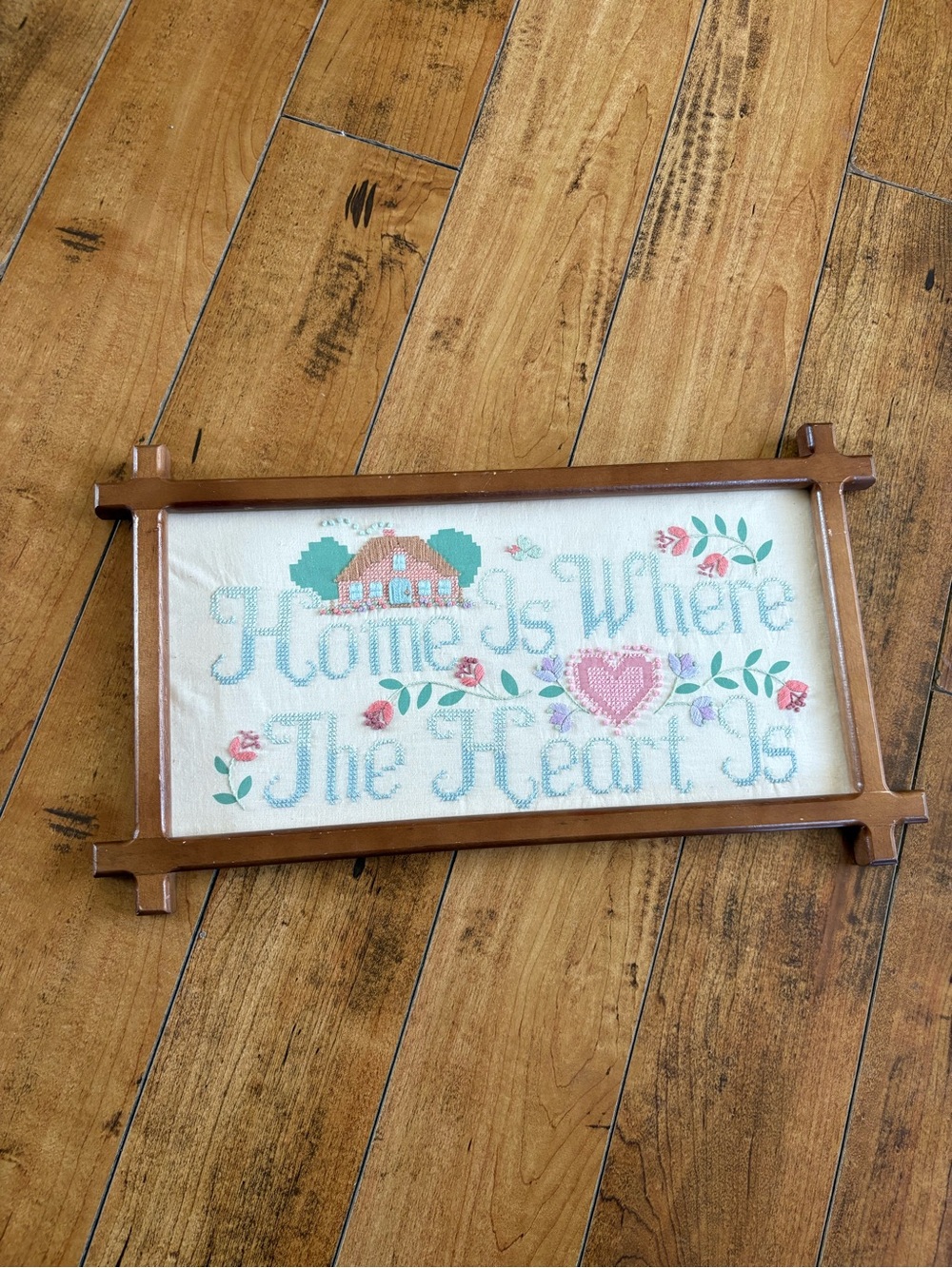 Vintage Crewel Needlepoint embroidery Home Is Where The Heart Is wall Art